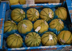 Die Philibon Cantaloupe-Melonen mit dem eingebrannten Branding.